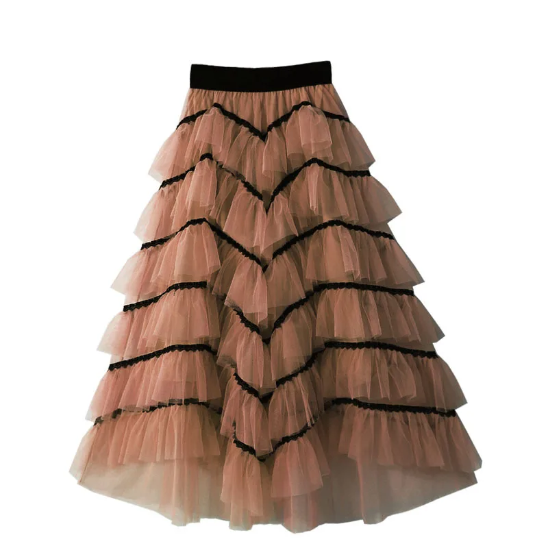 

TFETTERS New Arrival Black Skirt Women Fashion Patch Cake Skirt Ball Gown Lace Irregular Court Mesh Half Length Skirt for Women