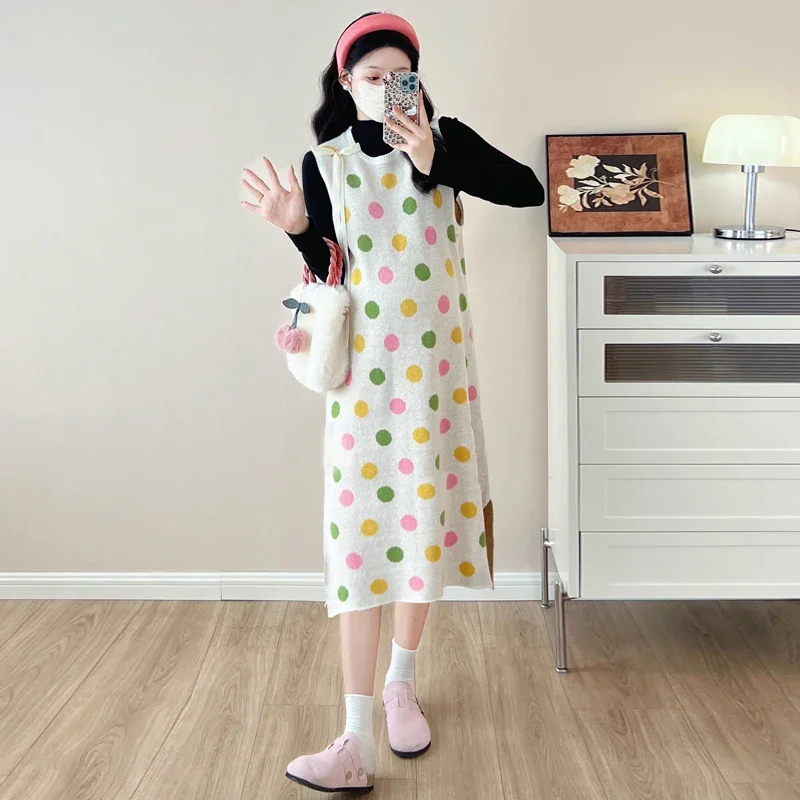 pregnant women clothing set block color polka dot knitting sundress long sleeve slim shirts twinset side split dress suit