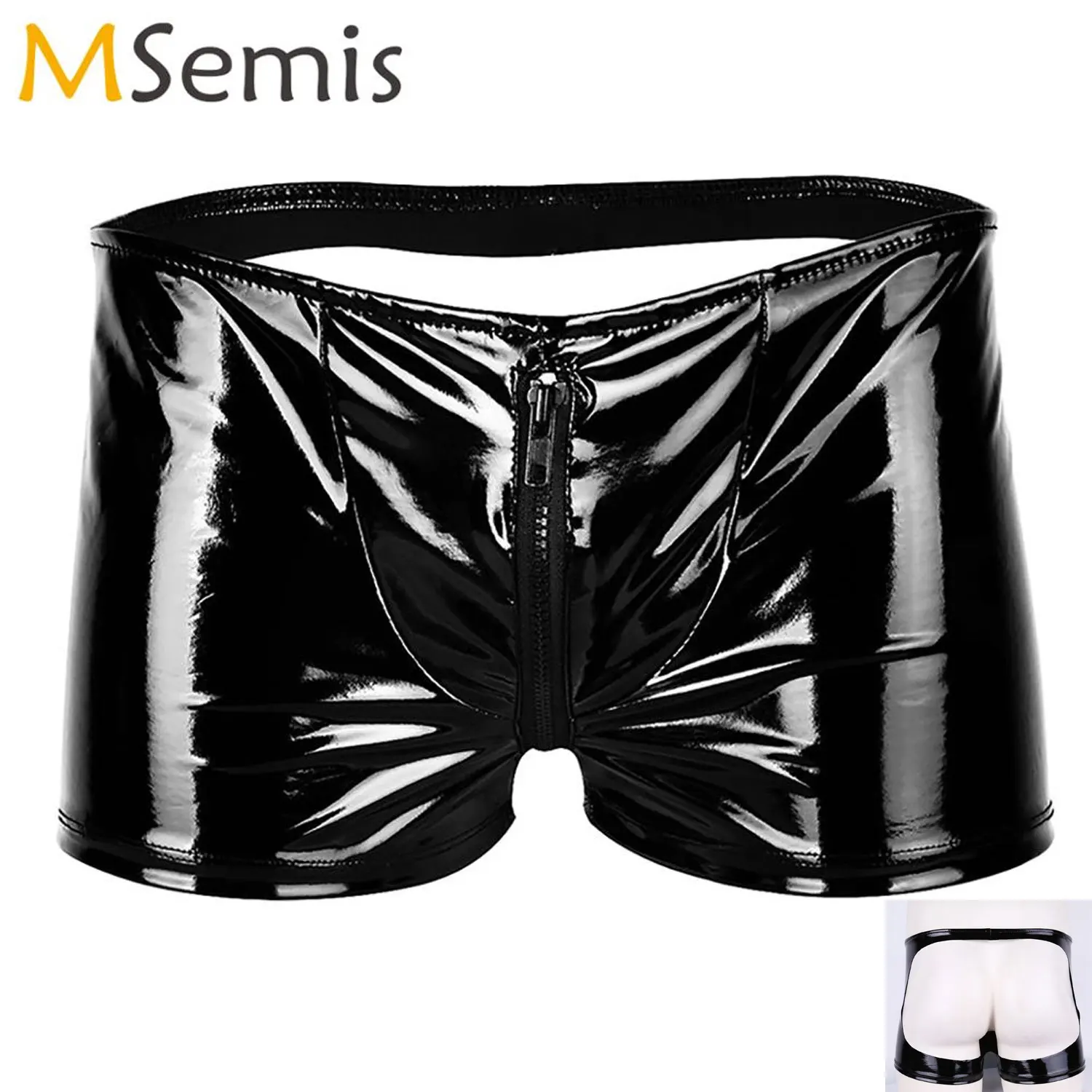 Men Shiny Metallic Latex Lingerie Erotic Open Butt Zipper Penis Pouch Sissy Panties Homme Wetlook Leather Boxer Briefs Underwear men underwear