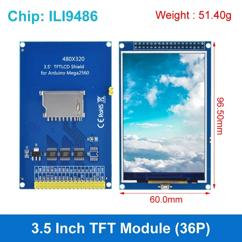 Display LCD TFT 3.5 Pollici ILI9486 - Touch Resistivo 480x320 Per Arduino | Con Slot SD