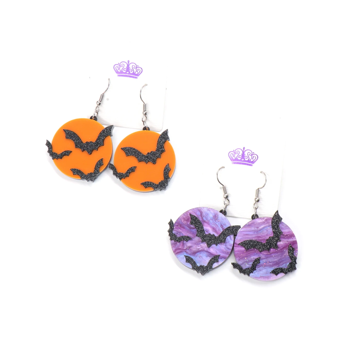 35mm Halloween Earrings Galaxy Purple Moon Black Bat Dangle Earring Gliter Acrylic Earrings