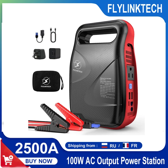 FLYLINKTECH Tragbare 24000mAh 12V 2500A Auto Starthilfe mit 120W AC Outlet  Batterie Booster Pack Auto Schnelle