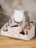 1pc Square Makeup Organizer Mirror Dresser， 360° Rotating Large Capacity Cat Ears Makeup Mirror with Stylish Storage Box - Perfe 3