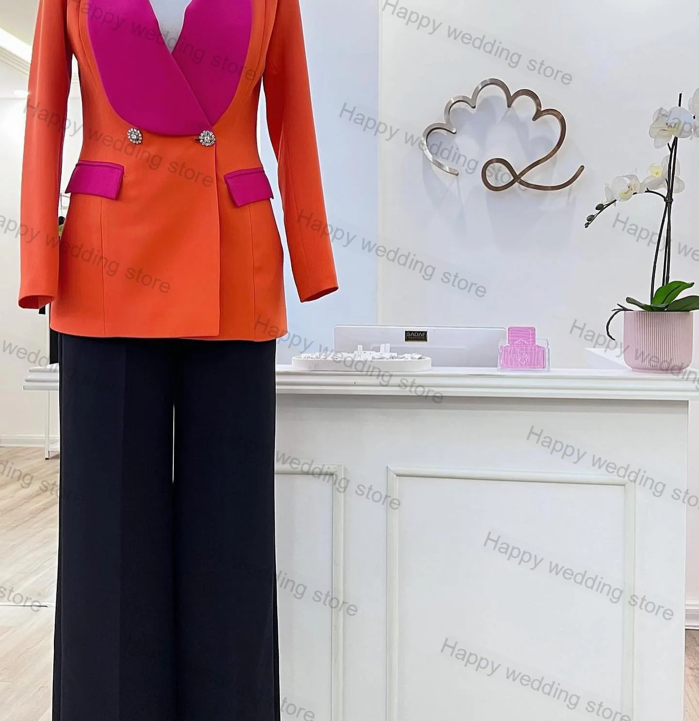 

Pink Orange Women Suit Pants Set 2 Piece Blazer+Black Trousers Prom Wedding Tuxedo V Neck Tailored Made Jacket Coat