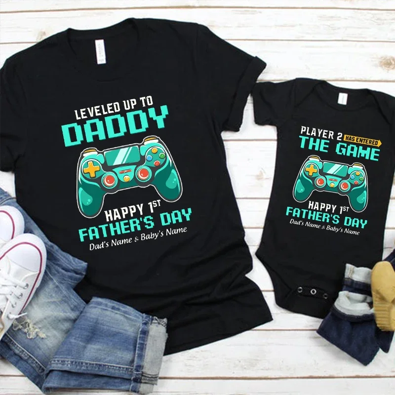 

Daddy Happy 1st Father's Day Custom T Shirt Player 1 Player 2 Shirts Personalized Gift Dad Name Tee Gift for Papa m