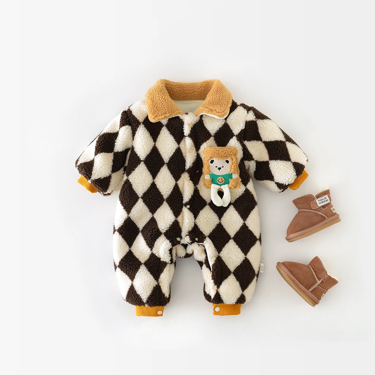

2023 Winter Baby Plus Fleece Romper Boys Infant Thickened Plaid Jumpsuit Newborn Toddler Warm One Piece Outwear Clothes