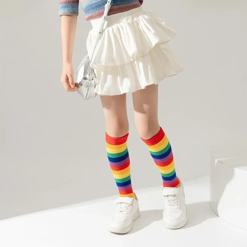1 Spring Autumn Children's Long Stockings Rainbow Stripped Teen Girls Christmas Cosplay Party Socks Kids Girls Knee High Socks cotton knee socks,knee length socks