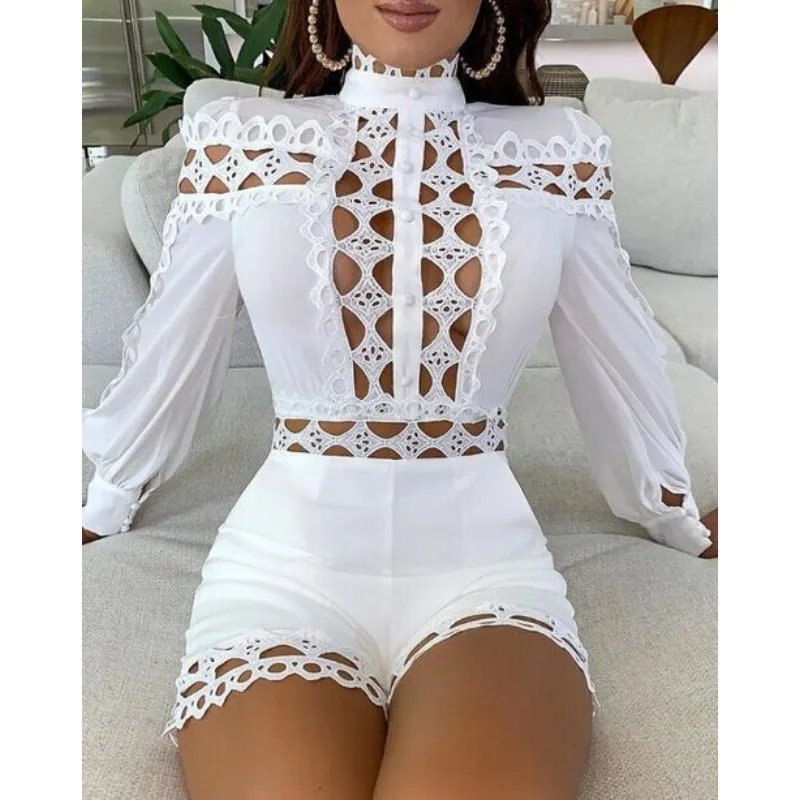 Women's Fashion Skinny Romper Long Sleeve Temperament Commuting Female Clothing Women Sexy Hollow Out Slim Short Jumpsuit