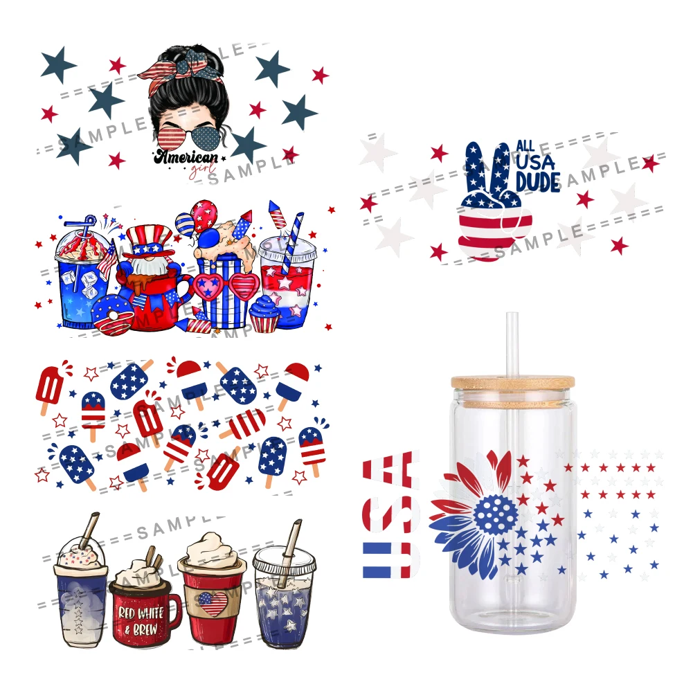 USA Independence Day Designs UV DTF Transfer Sticker Waterproof Transfers Decals For 16oz Glass Cup Wrap Stickers