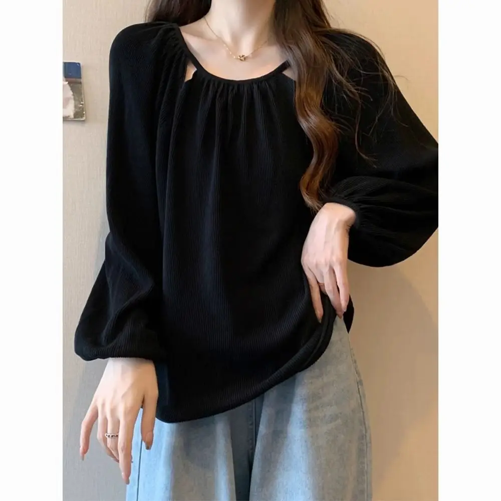 

French Style Hollow Out Long Sleeved Temperament Elegant T-shirt for Women's Spring Autumn New Oversized Slimming Base Top