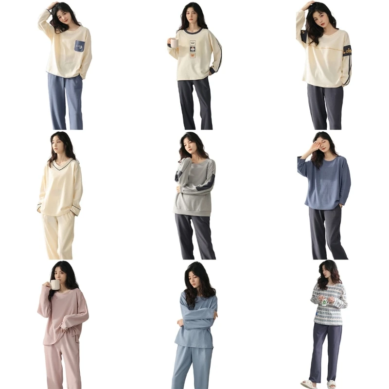 Womens Autumn Spring Loungewear Outfits Matching Pajamas Set Long Sleeve Crewneck Top and Pants Sweatsuit with Pockets