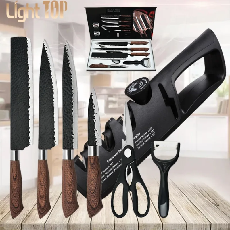 

7Pcs Kitchen Knives Set Hammer Pattern Stainless Steel Slicing Chef Meat Cleaver Sharp Fruit Knife Kitchen Vegetable Scissors