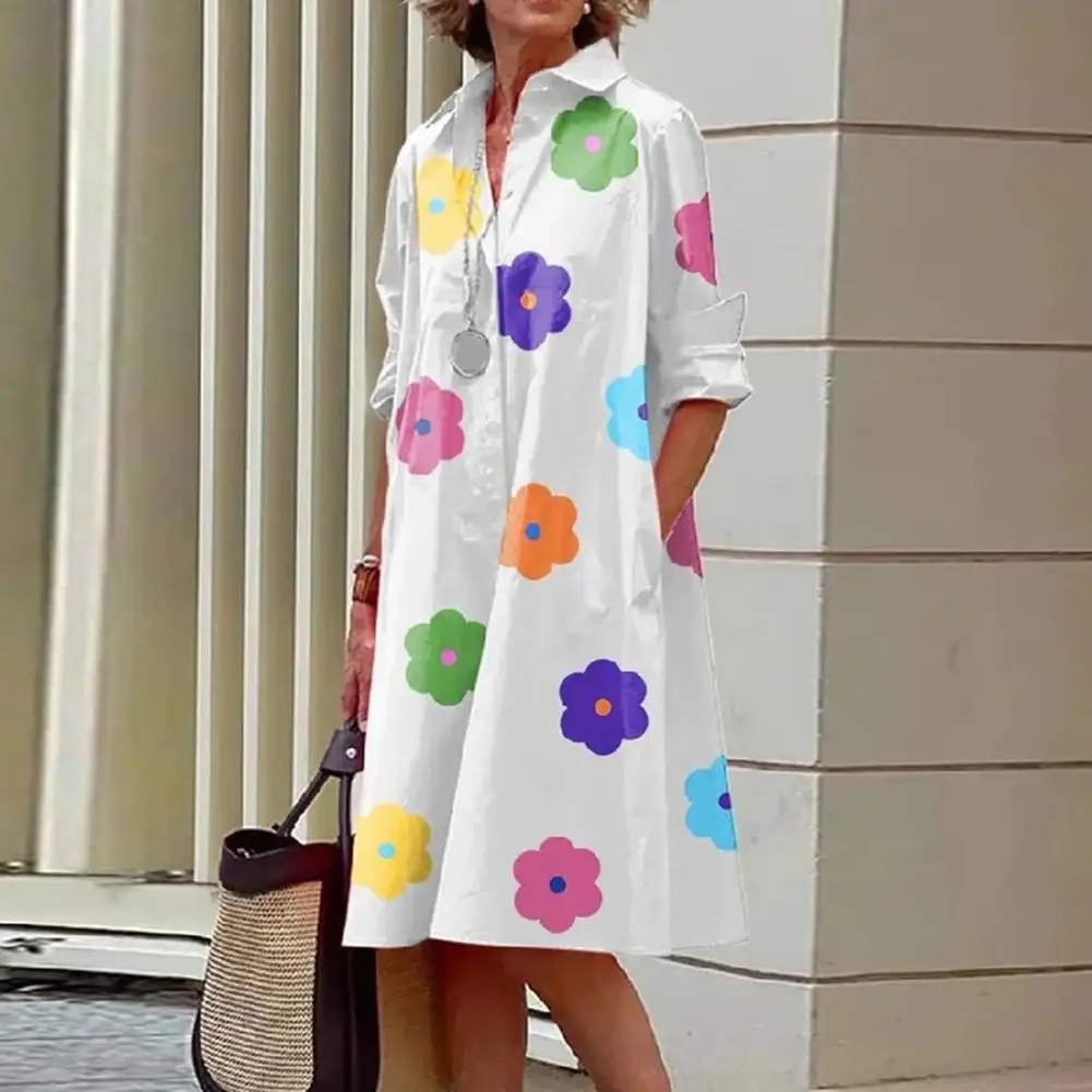 

Autumn Women Dress Fashion Flower Printed Lapel Single-breasted Loose Pockets Knee Length Dresses for women vestidos para mujer