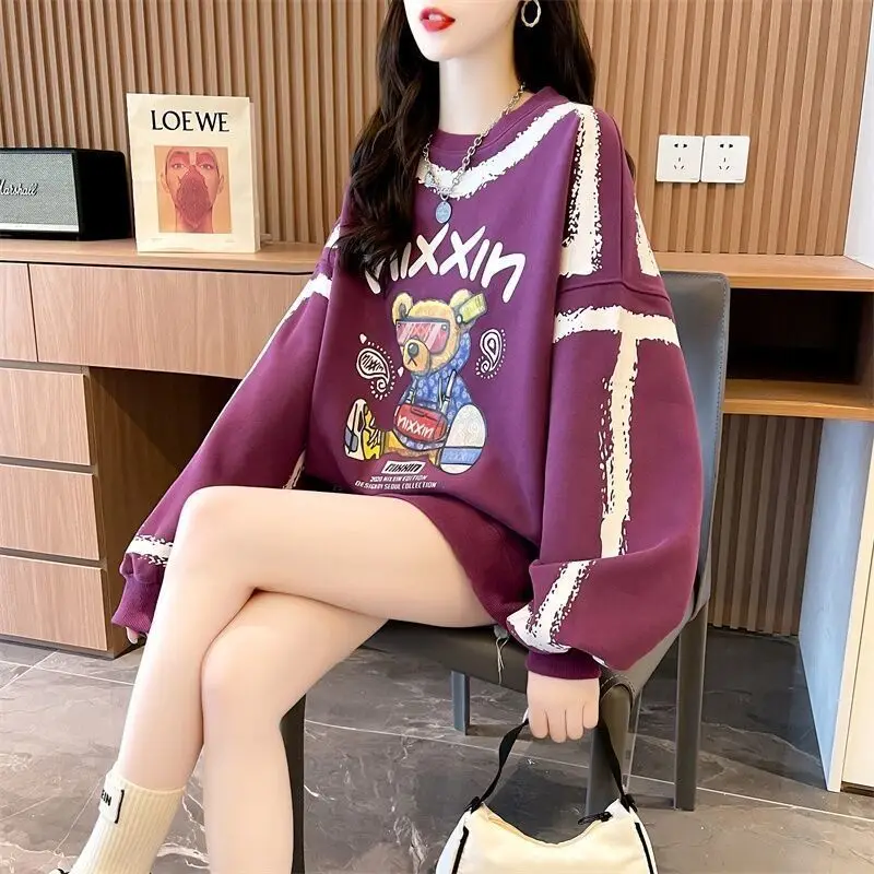 Fashion O-Neck Loose Printed Cartoon Sweatshirts Female Clothing 2023 Autumn Winter Oversized Casual Tops Korean Sweatshirts