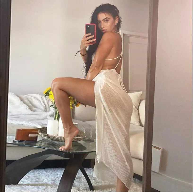 SKMY 2023 European and American Summer Women's Fashion V-neck Open Back Lace Up Transparent Beach Style Sling Slit Dress Trend