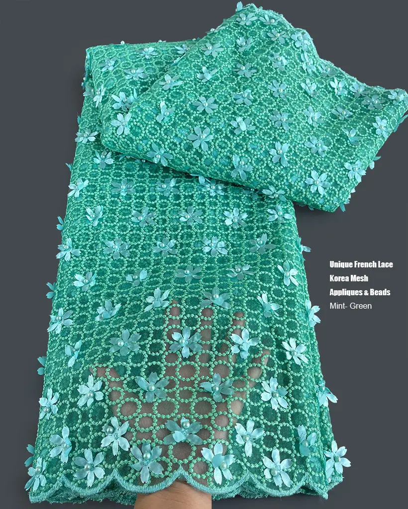 Unique 3D French Mesh Lace Highest Quality Embroidered Tulle Fabric with Beads Appliques African Inspired Garment Elegant Gown