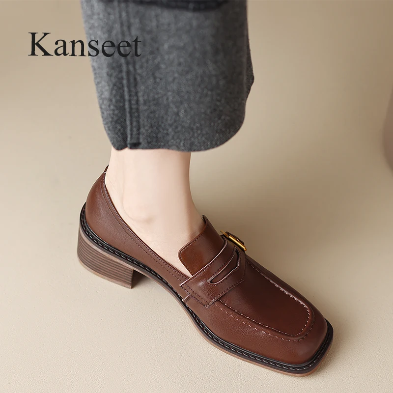 

Kanseet Casual Women Shoes Square Toe Belt Buckle Genuine Leather Loafers Autumn Winter Concise Handmade Mid Heels Lady Footwear