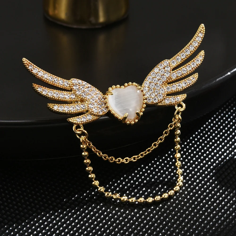 

White Opal Heart Brooch Delicate Rhinestone Angel Wings Chains Tassel Pins for Women Girls Clothes Accessories Birthday Gifts