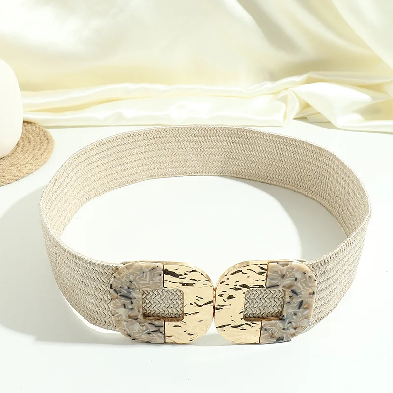 

Fashion Straw Elastic Belt for Women Trendy and Versatile PP Grass Waist Seal Dress Accessories Metal Square Buckle Luxury Belt