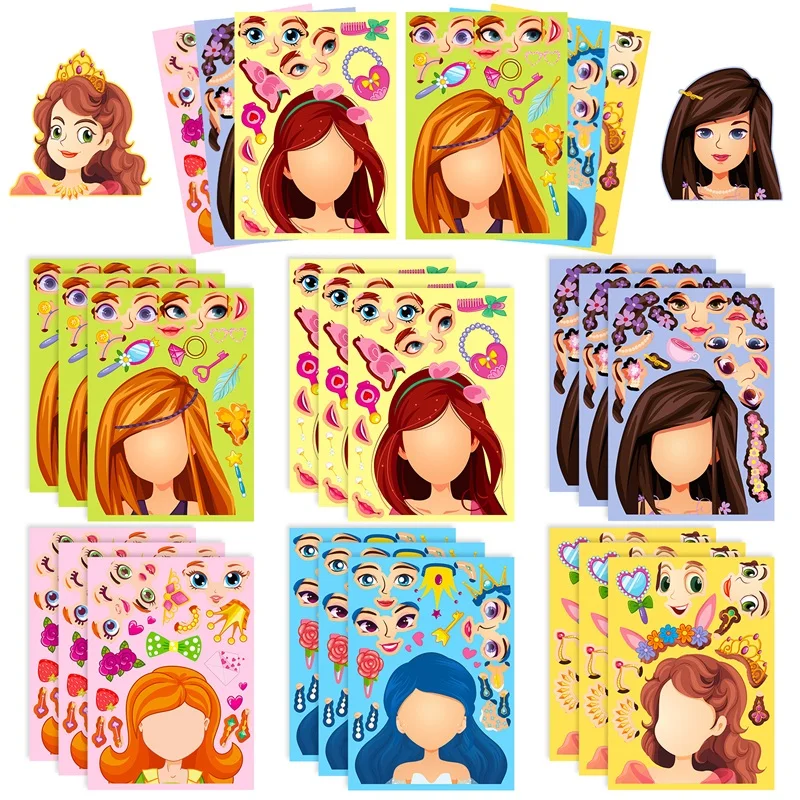 

6sheets Cartoon Girl Face Changing Collage Sticky Paper Sticker DIY Decoration Scrapbooking Stationery School Supplies for Kids