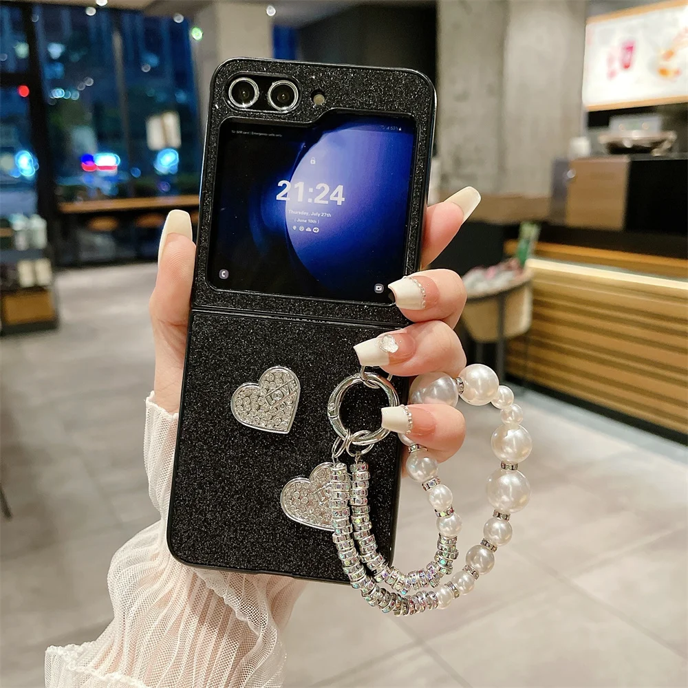 Shiny Colorful Phone Case For Samsung Galaxy Z Flip 3 4 5 5G Solid Color Love Bracelet Protective Cover Flip5 Flip4 Shell