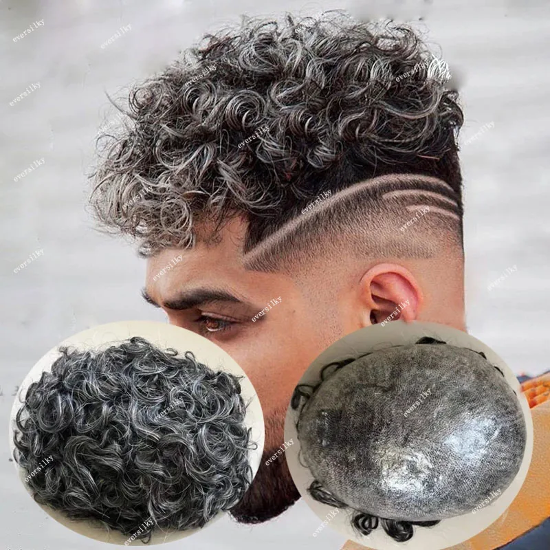 20mm Afro Curly Pu Men Toupee Human Hair Capillary Prosthesis Wigs Replacement System human hair toupee