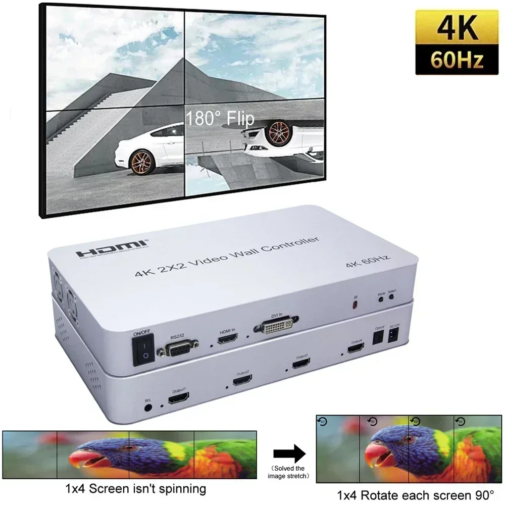 4K 60hz 2x2 DVI HDMI 비디오 월 컨트롤러 1X2 1x4 수직 세로 화면 접합 프로세서 TV 월 스플라이서 90 ° 180 ° 회전