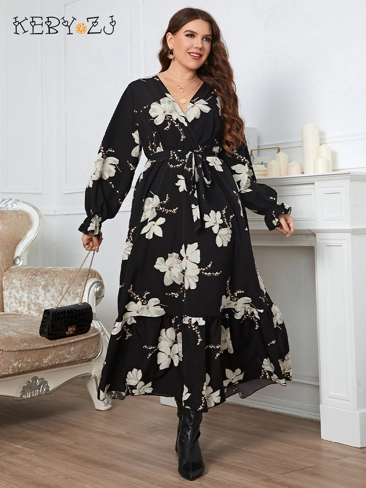 

KEBY ZJ Plus Size Women Clothing Puff Long Sleeve Maxi Dress Casual Black Printed Chiffon Spring Autumn Lady Elegant Party Dress