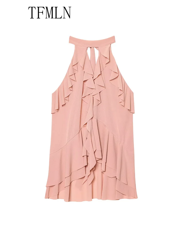 TFMLN 2025 Summer Women Tierred Halter Blouse Fashion Sleeveless Ruffles Thin Causal Chic Tops Sweet High Street Ladies Tops