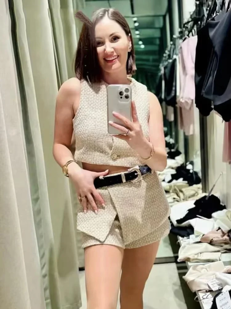 Women Texture Elegant Sets 2025 New Fashion With Belt Mini Skirts Shorts Sets Short Vest Top 2 Pieces Sets Women Outfit ﻿