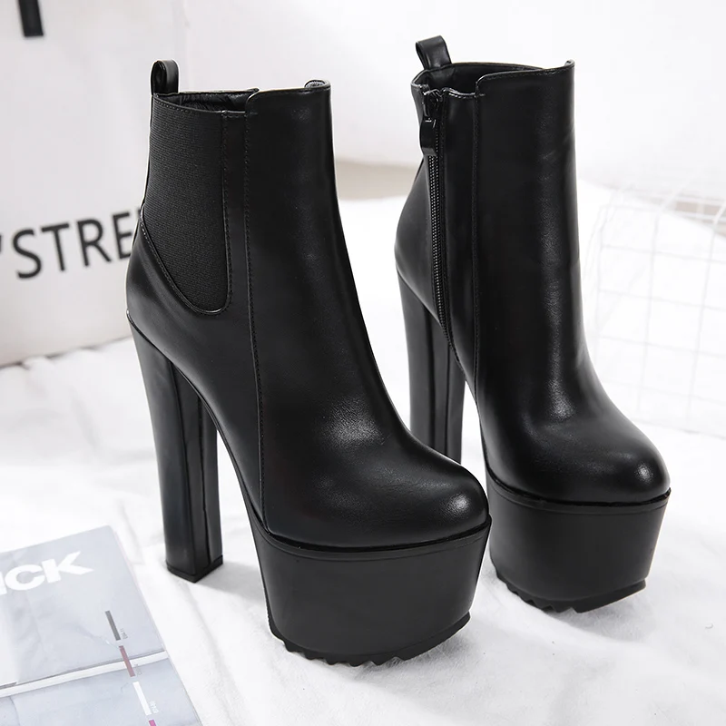 Comemore 16cm High Heel Women's Boot Winter Women Chelsea Ankle Boots Pipe Platform Thick Heels Women Shoes Elegant