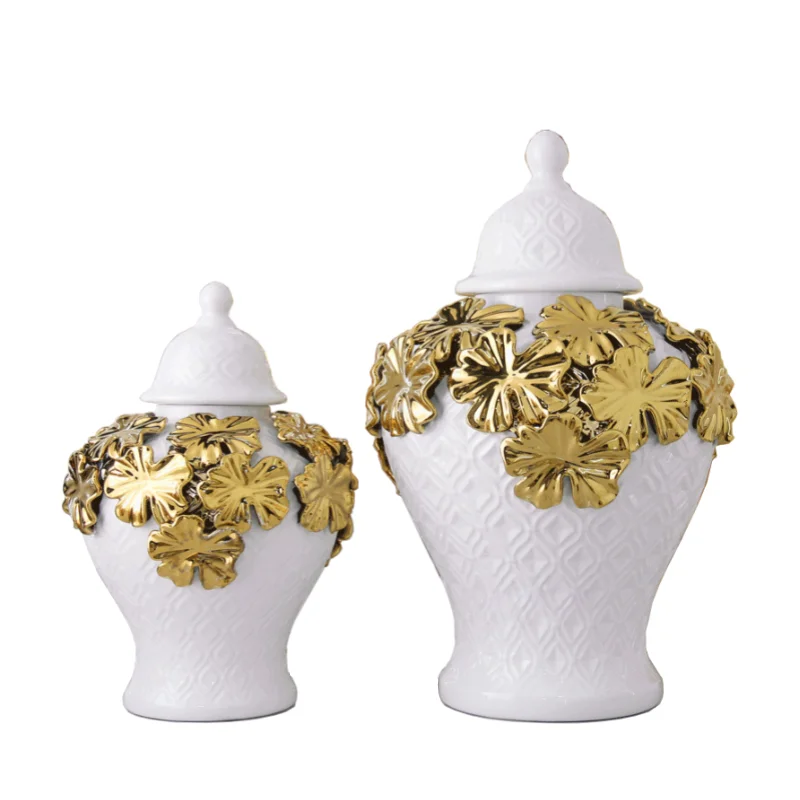 Ceramic Checkmate Jar Argyle Ginger Jar Embossed Gold Petal Storage Tank Flower Vase Home Decoration Accessories 6