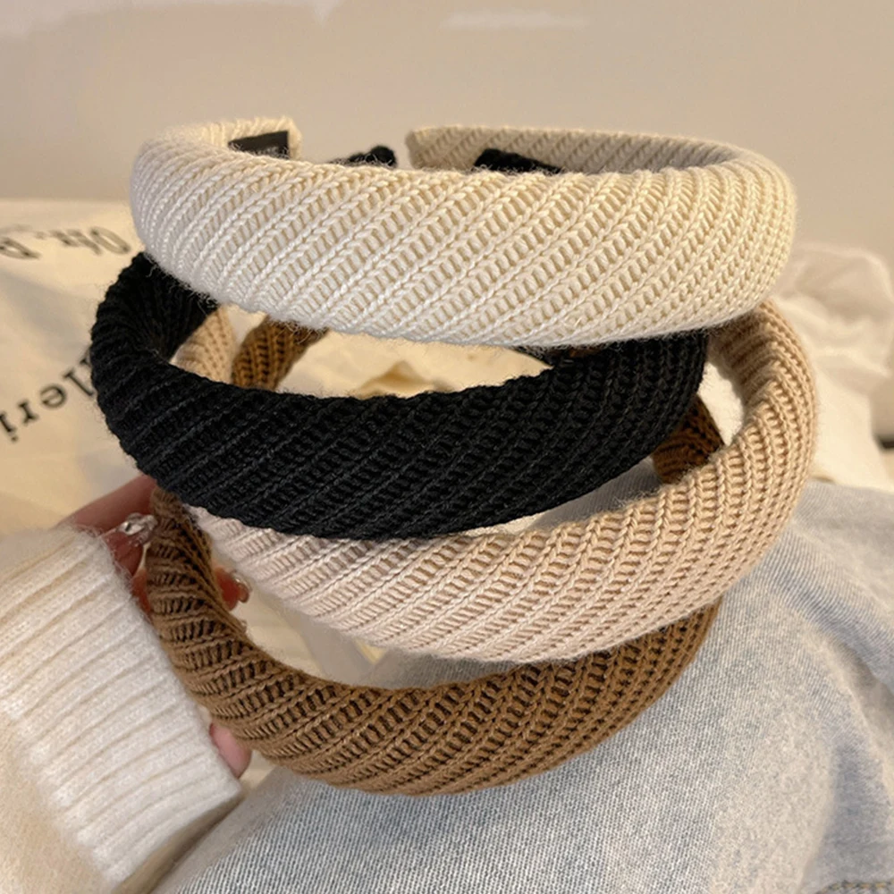 

Wide Brim Braided Head Hoop Winter Thick Padded Hairband Milk Coffee Colors Knitted Headband Vintage Solid Color Hair Hoop New