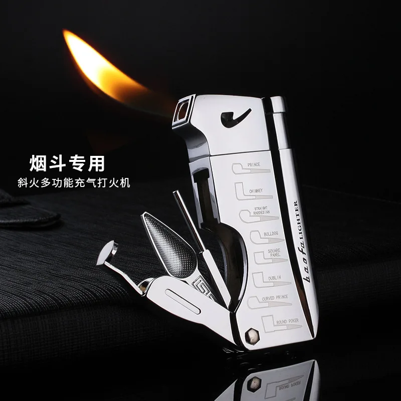 Briquet en métal en forme de pipe, élégant et rechargeable avec flamme latérale, briquet à cigarette avec pipe intégrée, cadeau festif