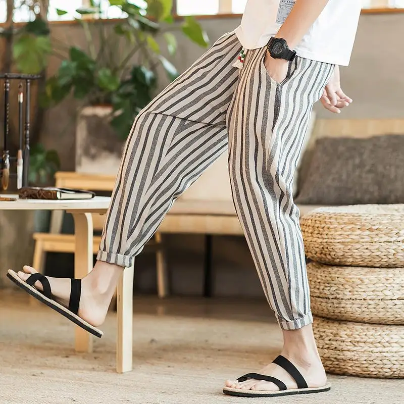 Elegant Fashion Harajuku Slim Fit Ropa Hombre Loose Casual Sport All Match Cropped Pants Thin Style Cotton Linen Stripe Pants