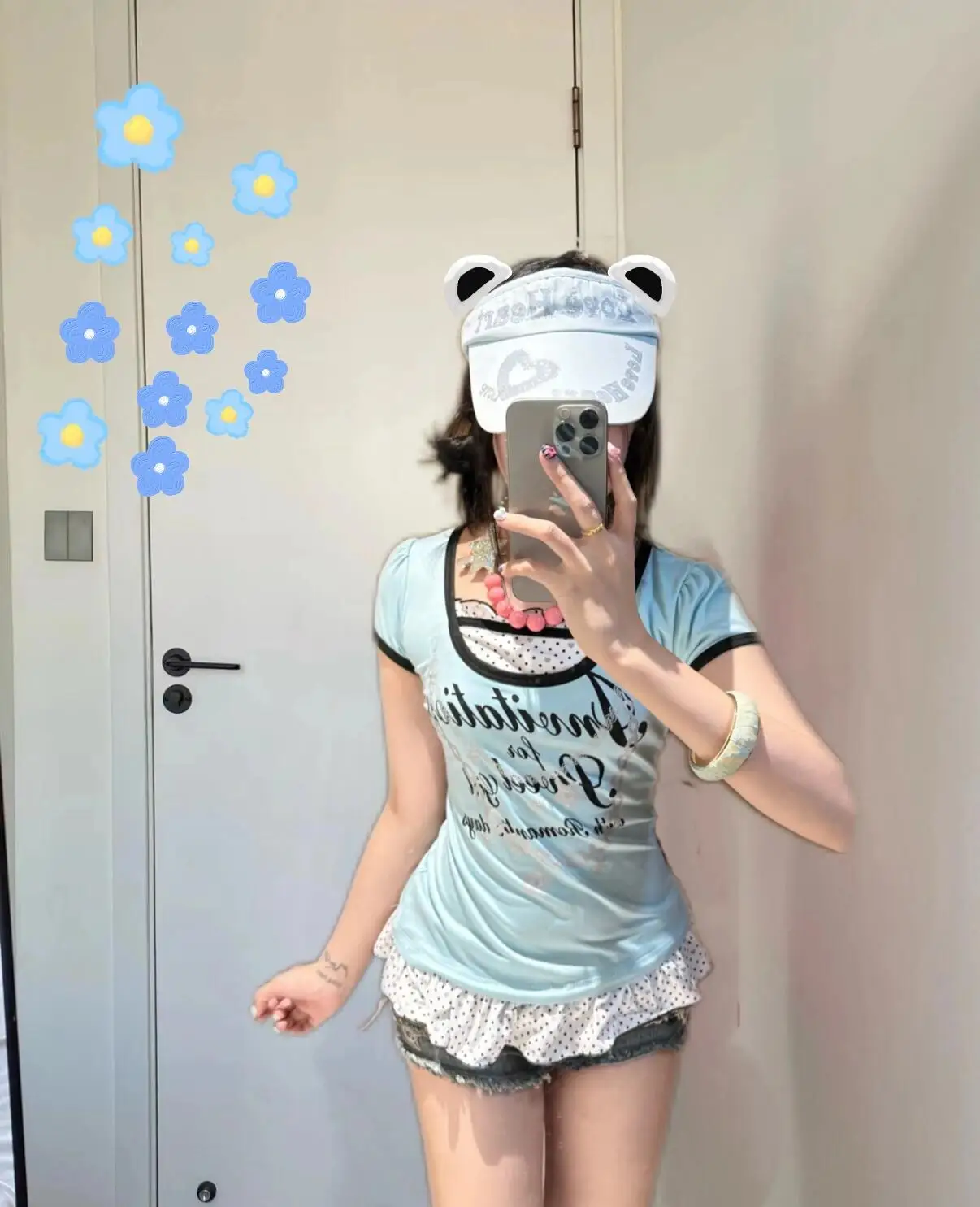 Y2K Millennium Hot Girl Letter Print Slim ort Sve Vintage Polka Dot Splice Ruffle Hem Top Fake Two-Piece T-irt