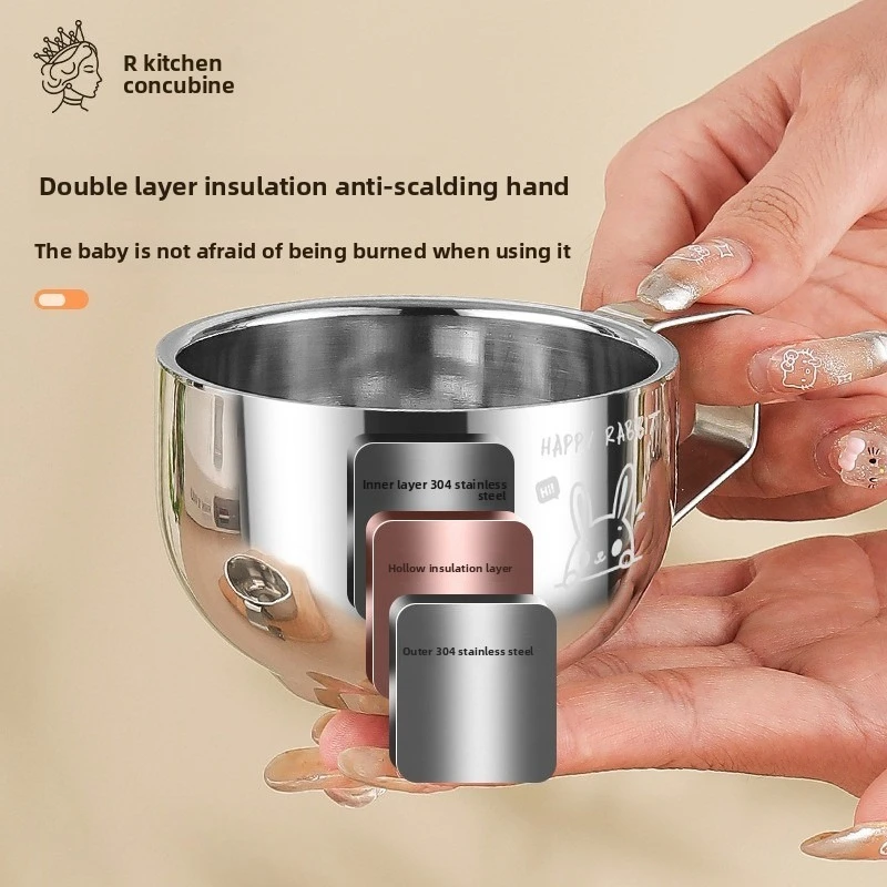 Double-layer Stainless Steel Baby Water Cup Children's Rice Mug with Handle Fall Resistant Anti Scalding Food Grade Drinking Cup