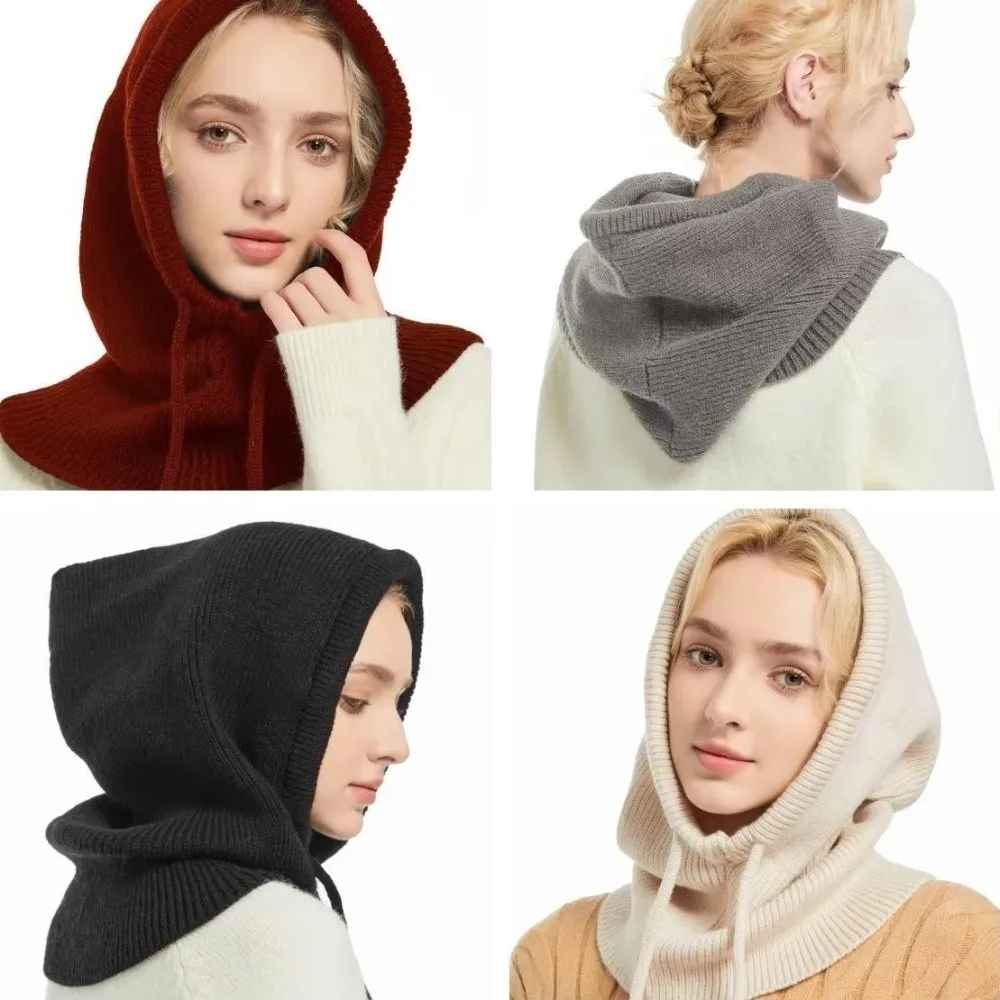 Elastic Winter Knitted Hooded Caps Trendy Thick Balaclava Hat Breathable Warm Insulation Drawstring Adjustable Beanies Cap