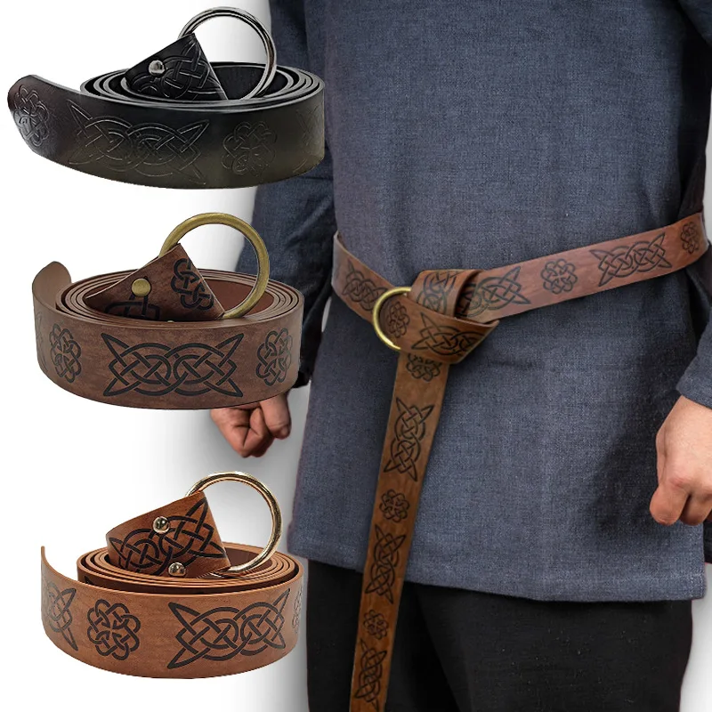 

Retro Leather Belt Medieval Embossed Viking Vegvisir PU Leather O Ring Belt Renaissance Knight Buckles Belt Leather