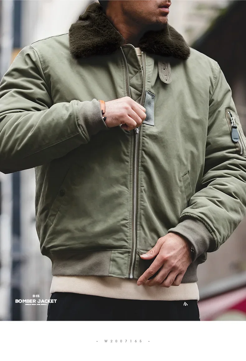 Maden Men's Vintage B-15 Bomber Jacket Green Khaki Faux Rabbit Fur Collar Thick Padded Winter Coat Warm Windproof Zipper Parka
