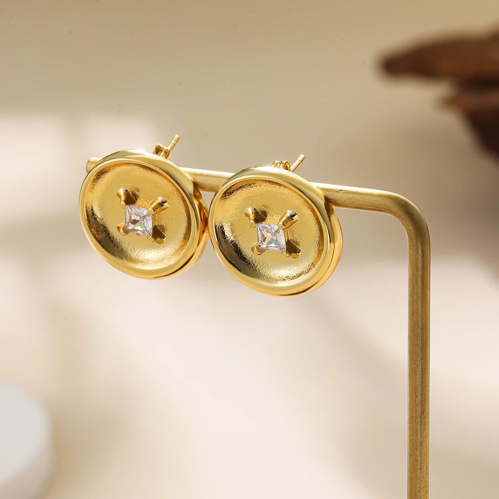 Fashion Thick Circle Round Stud Earrings Gold Plated Inlaid Cubic Zirconia Geometric Women Ear Studs Unique Jewellery Wholesale