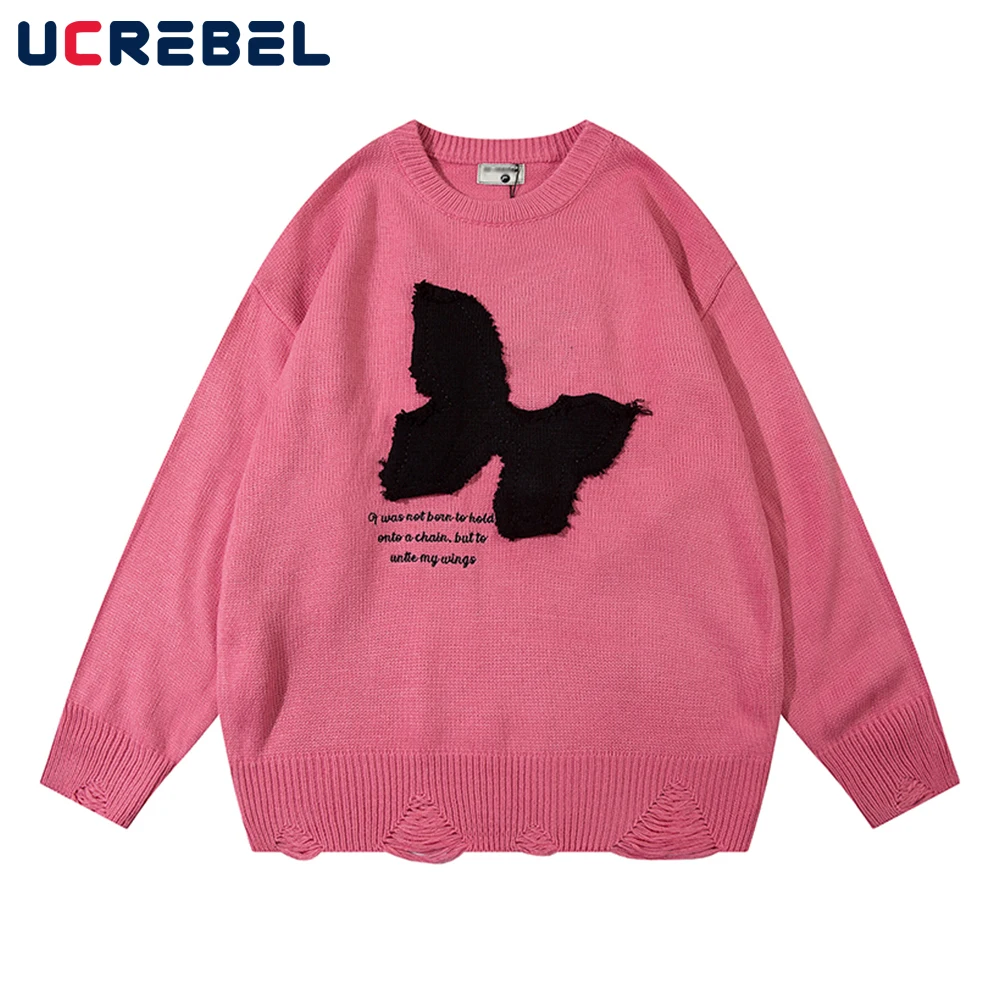 

Butterfly Patch Knitted Sweater Mens Streetwear Loose Crew Neck Lace Up Decoration Long Sleeve Pullover Men