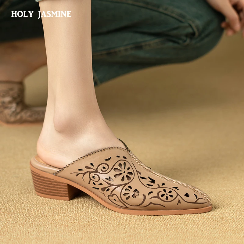 

2024 New Women Genuine Leather Shoes High Heels Muller Slippers Shoes Comfort Closed Toe Slippers Female Spring Summer Shoes