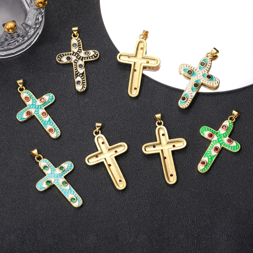 Juya 18K echtes Gold vergoldet grüner Zirkonia christliches Kreuz Charms für DIY religiöser Talisman Evil Eye Anhänger Schmuckherstellung – Detail 5