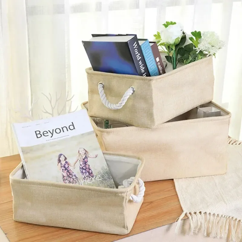 1Pc Beige/Grey Folding Storage Basket Linen Storage Fabric Wardrobe Office Bedroom Closet Toys Laundry Basket With Handle 2