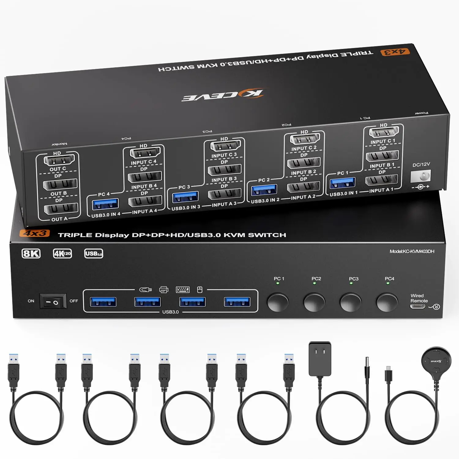 4pcを一つモニター　4ポートKVM切替器 HDMI USB オーディオ 8K KVM切替器 4PC 3モニター、ミラー/拡張モード HDMI + DPポート (8K