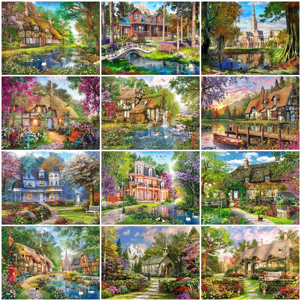 

5D DIY Diamond Painting House Tree Garden Scenery Embroidery Mosaic Pictures Rhinestone Full Drills Cross Stitch Kits Home Decor
