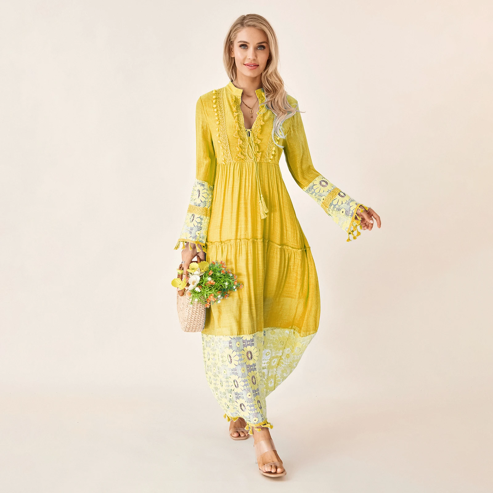 

Women's Bohemian Lace Patchwork Long Dress Casual Floral Long Sleeve Holiday Beach Party Flowy Dress with Tassels