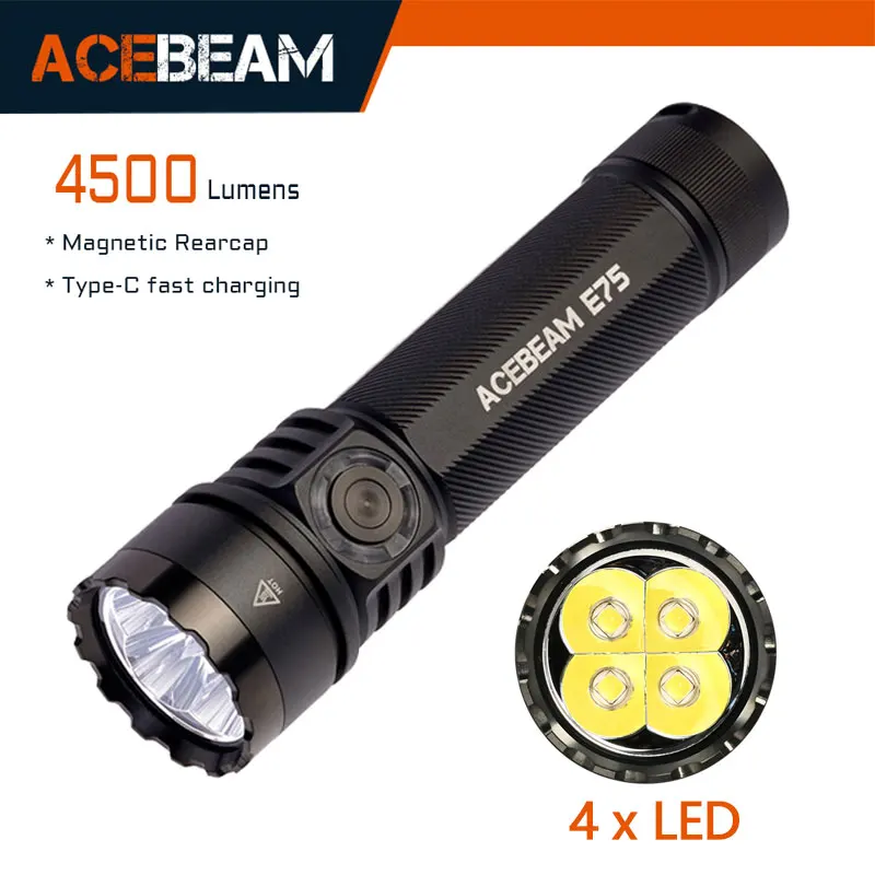 ACEBEAM E75 クアッドコア LED 懐中電灯 USB C 充電式トーチ 21700