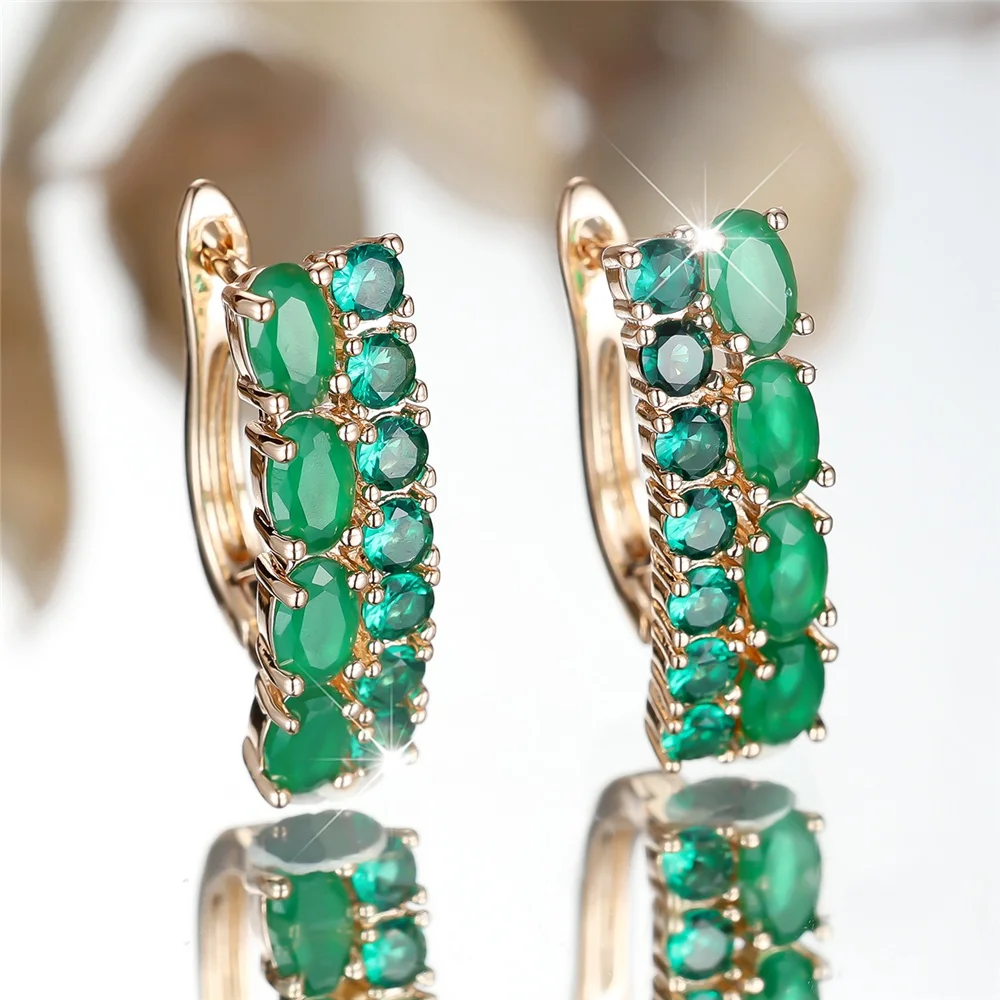 Simulated Jade Oval Stone Green Round Zircon Earrings For Women Vintage Gold Color Ear Buckle Wedding Jewelry Versatile Gifts